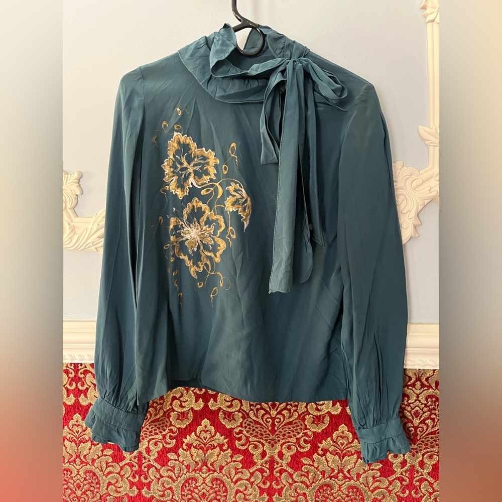 Hand Painted Teal Floral Blouse